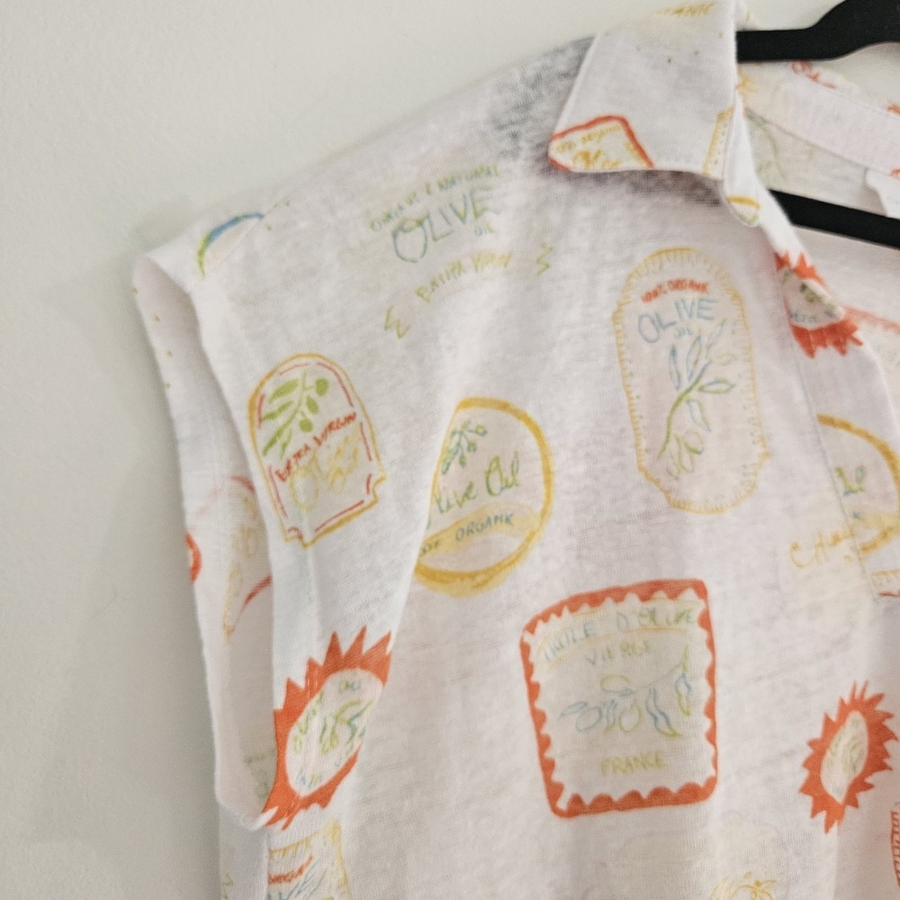 Cynthia Rowley White Olive Oil Linen Short Sleeve Collared Top Size Medium - Picture 3 of 6